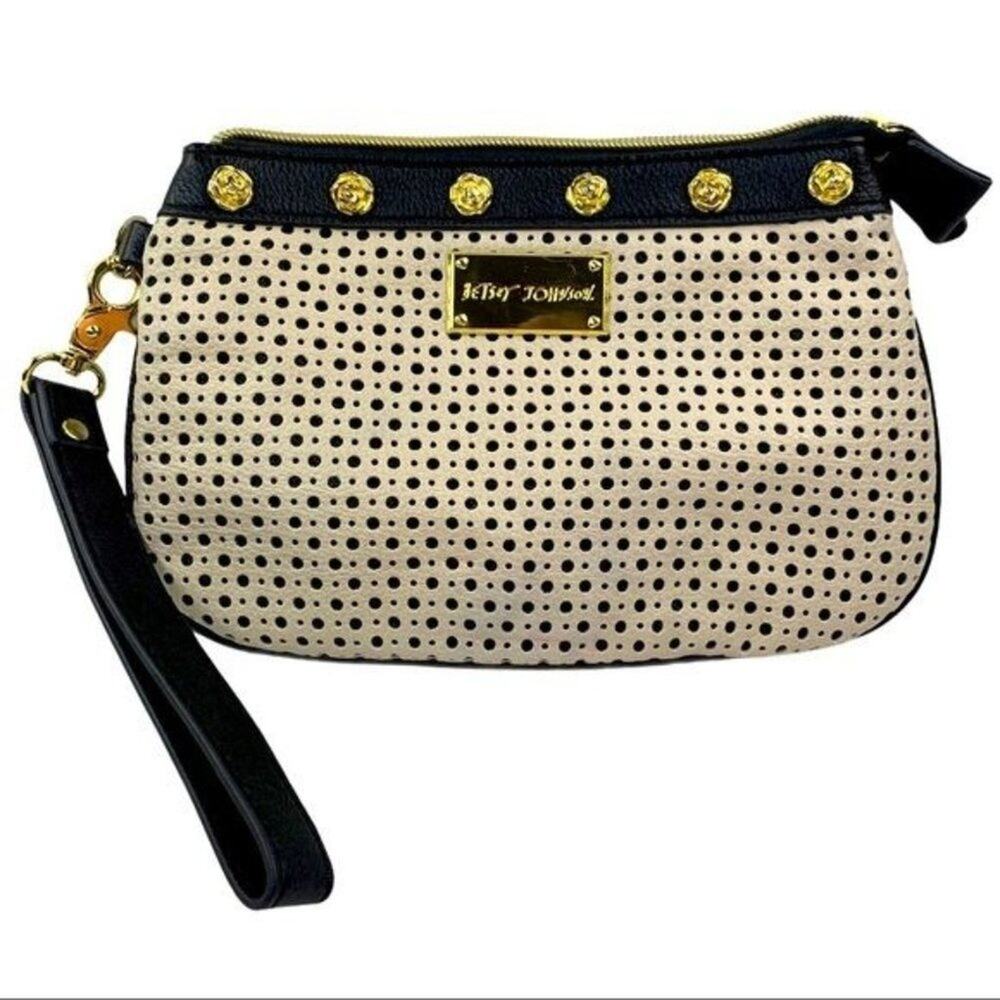 Betsey Johnson White & Navy Gold Studded Zip Colorfully Lined Wristlet Purse